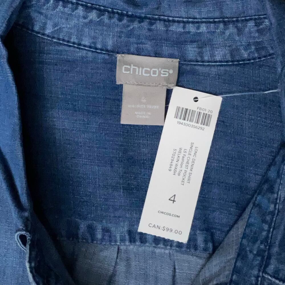 Chico's Long Denim Button Down Shirt Size XXL Blue Welkin Wash Chambray Casual - Picture 3 of 6